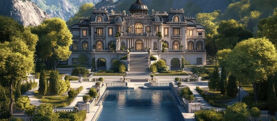 Majestic Baroque inspired Chateau Situated in a Picturesque Mountain Valley Boasting an Ornate Exterior Facade Formal Gardens with a Stunning Pool and a Grandiose
