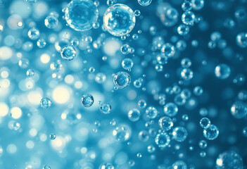 Numerous transparent water droplets or bubbles floating in a blue-tinted liquid or water, creating a serene and ethereal atmosphere