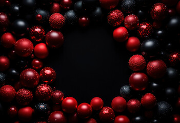 Red and black spheres arranged in a frame on a dark background