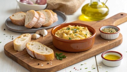 Culinary delight of baccal alla vicentina artfully presented on a rustic wooden board with bread and olive oil