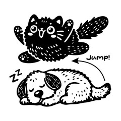 playful cat jumping over a sleeping dog, funny cartoon illustration