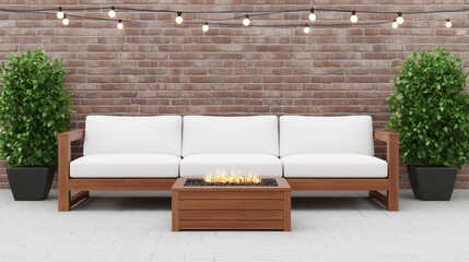 Modern Outdoor Living Space with Cozy Couch and Decorative Fire Pit Surrounded by Greenery and Soft Lighting for Relaxation and Social Gatherings