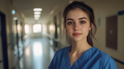 Fototapeta premium Beautiful young brown-haired female doctor with a warm smile, happily enjoying her work at the hospital