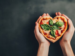 A heart-shaped pizza topped with fresh basil is held by two hands, symbolizing love for food and culinary art.