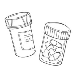 Vector sketch pills, tablet, capsule and package bottle isolated on white background. Hand drawn medical illustration. For print, web, design, decor, logo.