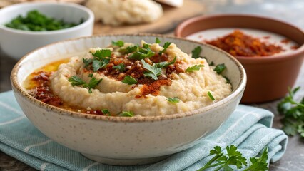 Close up view of a creamy bowl of delicious hummus garnished with fresh herbs and paprika ready to be enjoyed