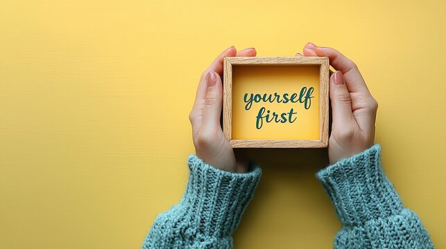 Hands holding wooden box with "yourself first" message on yellow background.