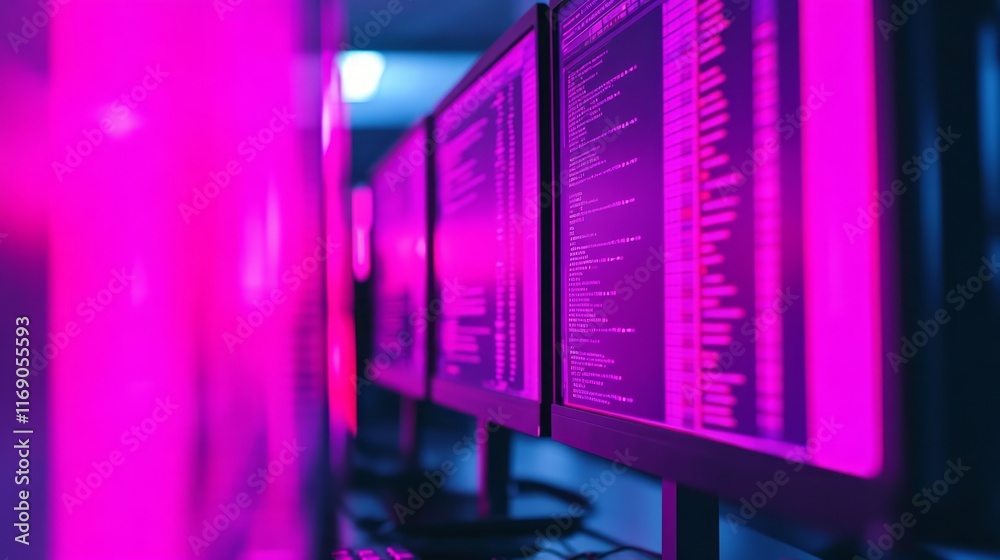 Poster futuristic computer screens with code displayed in neon pink lighting in a modern tech environment w