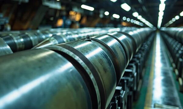 Close-up of military projectiles in a storage facility.