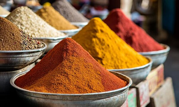 Colorful spices in bowls at a market, showcasing culinary diversity.