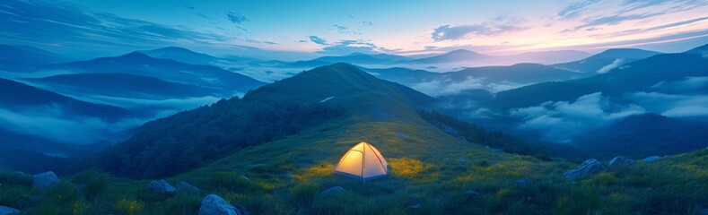 Camping with Mountain View Under Blue Skies