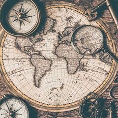 Fototapeta premium A detailed close-up of a vintage world map laid out on an old wooden table. Surrounding elements include a compass, magnifying glass, and antique keys. Warm sepia tones create a nostalgic atmosphere.