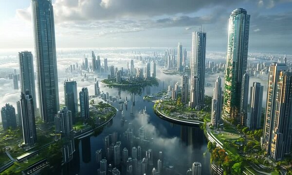 Futuristic cityscape with towering skyscrapers and lush greenery.