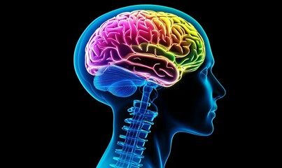 Obraz premium Rainbow-colored brain, head, neck, spine, dark background.