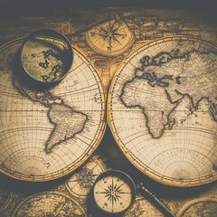 Naklejka premium A detailed close-up of a vintage world map laid out on an old wooden table. Surrounding elements include a compass, magnifying glass, and antique keys. Warm sepia tones create a nostalgic atmosphere.