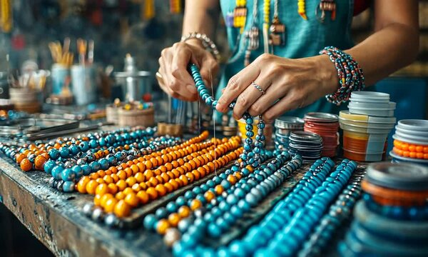 Hands arranging colorful beads on a table for crafting jewelry.