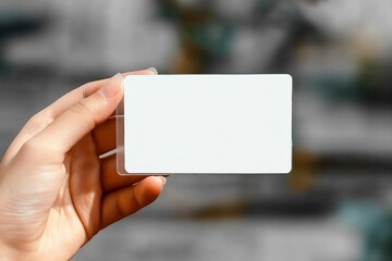 hand hold blank translucent card mockup with rounded corners. plain clear call card mock up template holding arm. plastic transparent acrylic namecard display front.