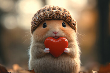 A cute furry creature holding a bright red heart, perfect for Valentine's Day promotions, love-themed events, or pet-related content featuring joy and affection.