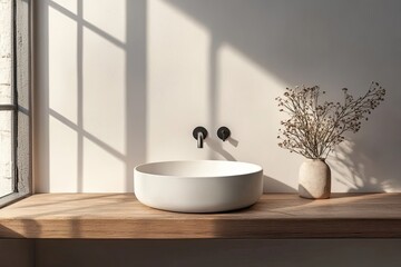 Fototapeta premium Modern Minimalist Bathroom Sink Design With Dried Flowers
