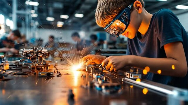 Young boy engages in focused metalworking activity in a well-lit workshop environment