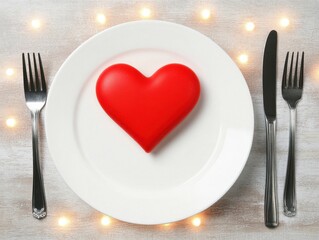A vibrant red heart on a white plate, surrounded by cutlery and soft lights, symbolizing love and romance in a dining setting.
