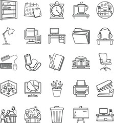 Office Workspace Icons Furniture, Technology, and Productivity Tools