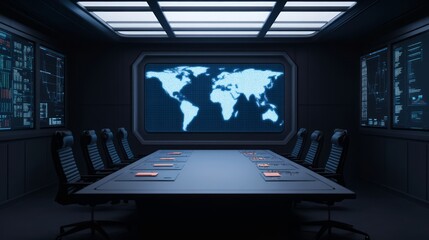Fototapeta premium High-Tech Conference Room with World Map Projection and Digital Displays in a Dark Environment, Featuring a Long Table Surrounded by Ergonomic Chairs