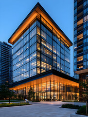 Fototapeta premium Modern glass office building at dusk, illuminated, showcasing architectural design and city landscape.