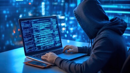 A hooded figure types on a laptop, surrounded by a blue-lit urban environment, emphasizing themes of programming and cybersecurity.