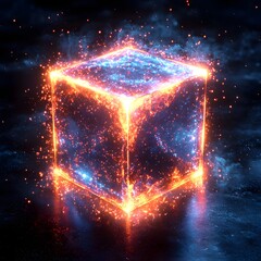 Mesmerizing Neon Cube Floating in Cosmic Void with Glowing Edges and Sparks