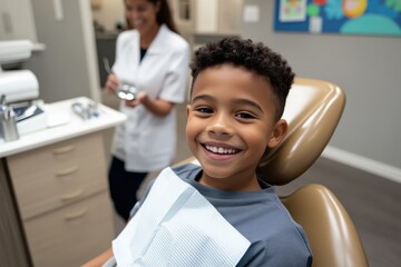 Fototapeta premium A cheerful young boy sitting in a dental chair smiles brightly, illustrating the importance of positive dental experiences and child-friendly healthcare environments.