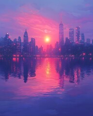 Naklejka premium Glowing Neon Skyline Reflected in Peaceful River at Sunset