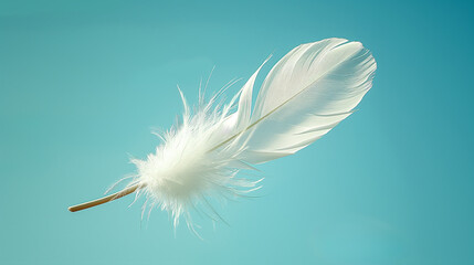 Delicate white feather gracefully floats in blue sky, soft concept background. Generative AI