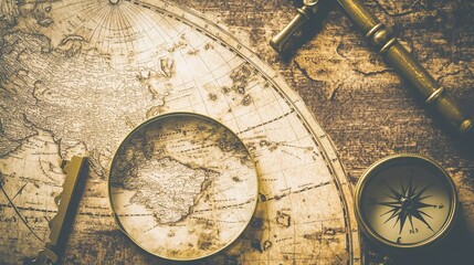 Fototapeta premium A detailed close-up of a vintage world map laid out on an old wooden table. Surrounding elements include a compass, magnifying glass, and antique keys. Warm sepia tones create a nostalgic atmosphere.