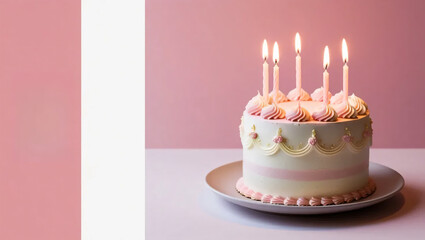 A beautifully decorated cake with pastel pink and white frosting, lit candles, and a soft pink gradient background