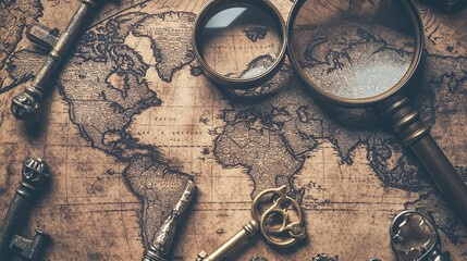 A detailed close-up of a vintage world map laid out on an old wooden table. Surrounding elements include a compass, magnifying glass, and antique keys. Warm sepia tones create a nostalgic atmosphere.