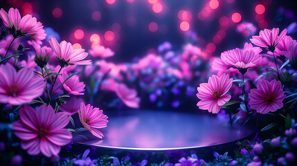 Purple podium with pink flower decorations, on floral backdrop in magic atmosphere. Generative AI