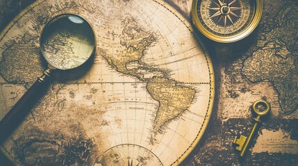 Naklejka premium A detailed close-up of a vintage world map laid out on an old wooden table. Surrounding elements include a compass, magnifying glass, and antique keys. Warm sepia tones create a nostalgic atmosphere.