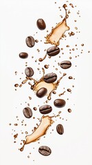 Coffee beans swirl into a playful smiley face with splashes of espresso in vibrant brown hues
