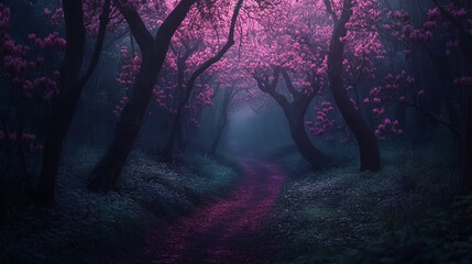 Soft pink blossoms line a mystical forest path during twilight hours