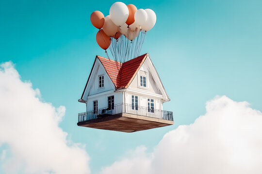 Maison suspendue par des ballons de baudruche  s'envolant dans le ciel