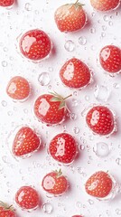 Fresh strawberries glisten with water droplets on a white background in natural light