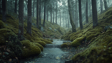 Obraz premium Serene forest stream surrounded by lush mossy terrain at morning light