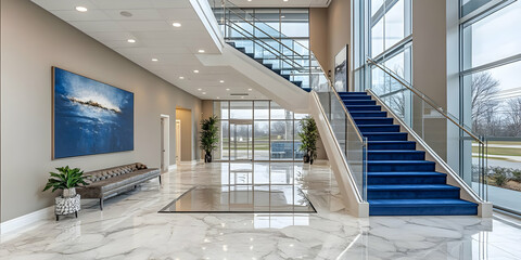 Fototapeta premium Modern building lobby with marble floor, blue carpet staircase, and artwork.