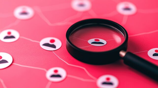 The image features a magnifying glass over icons representing users on a red background, symbolizing user research and online interactions.