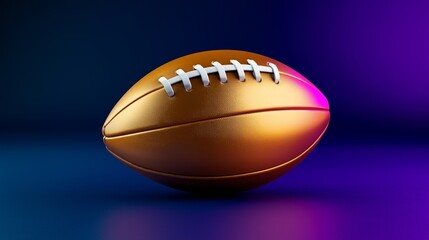 Golden American football ball in front of a blue gradient background, 3D rendering, and studio lighting.