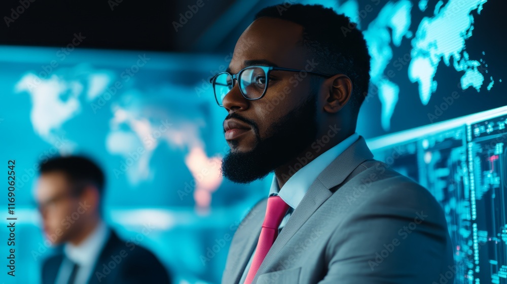 Poster professional man in suit focuses on digital display while analyzing global data in modern office env