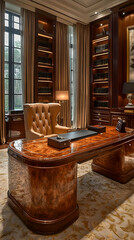 Fototapeta premium Luxurious home office with large wooden desk, leather chair, bookshelves, and natural light.