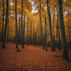 Obraz premium A peaceful autumn forest with golden and red leaves falling gently from the trees.