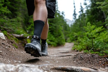 A hiker is captured mid-stride on a rugged forest trail, representing adventure and connection with nature while showcasing resilience and the joy of exploration.